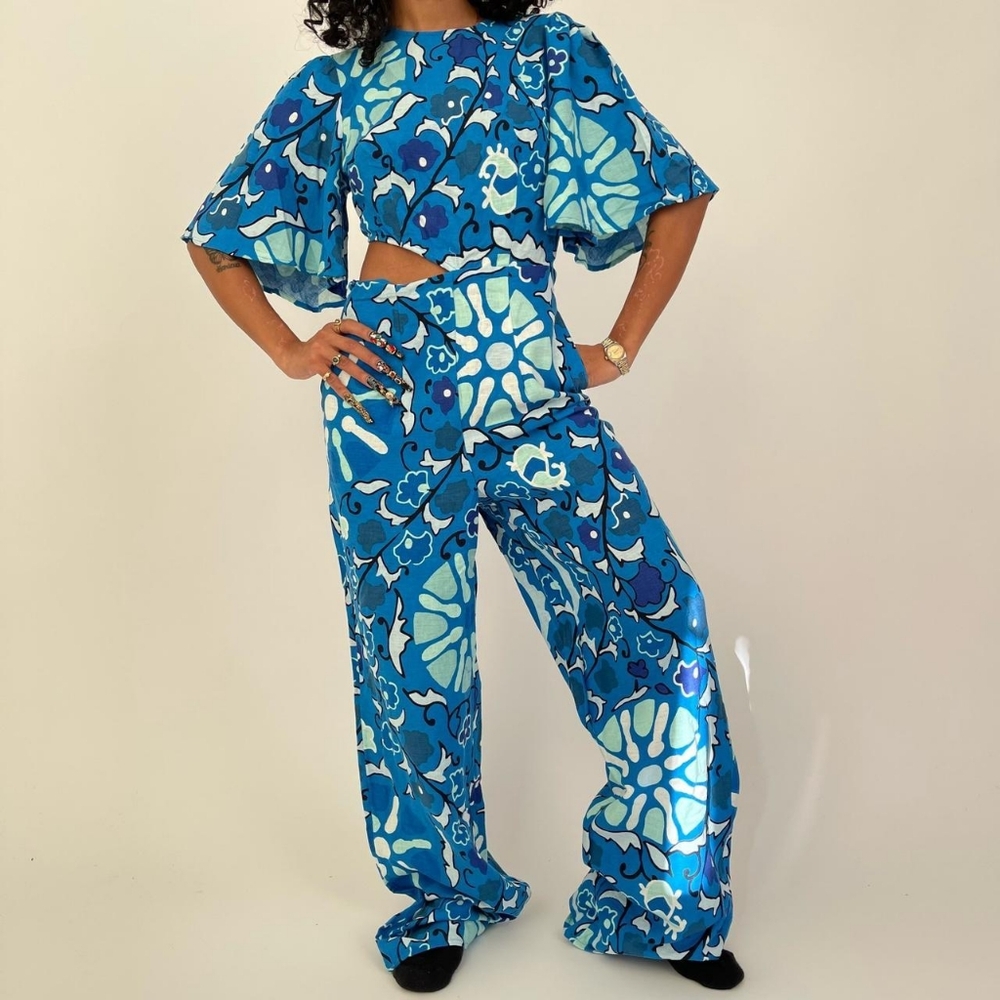 RHODE Blue & Aqua Floral Wide-Leg Jumpsuit - Picture 3 of 15